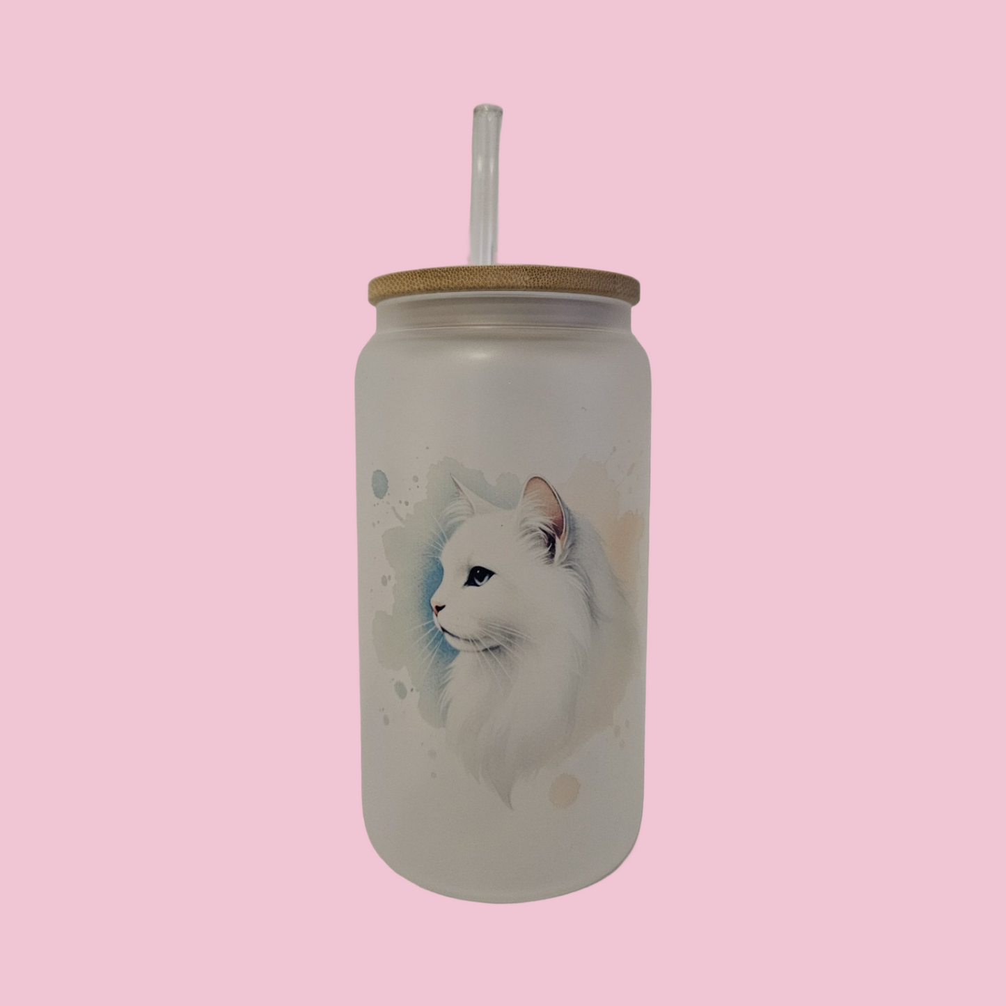 Watercolor White Cat Frosted Glass Tumbler