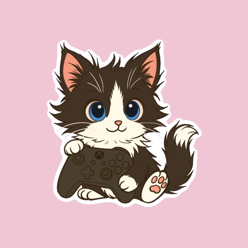 Autocollant Chaton Noir et Blanc Gamer