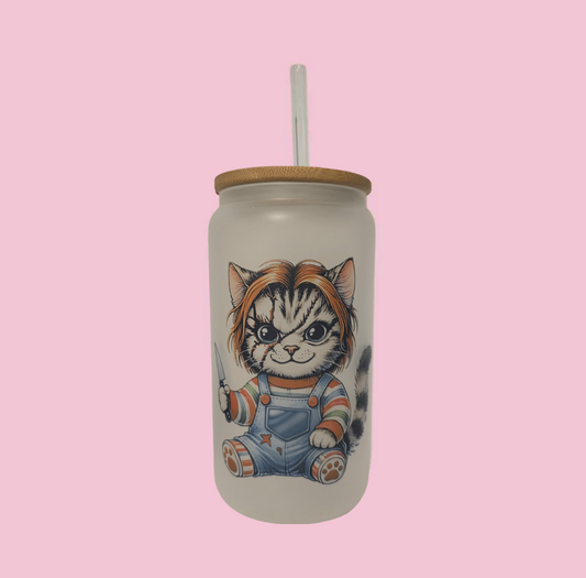 Creepy Doll Cat Frosted Glass Tumbler