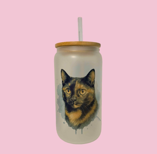 Watercolor Tortie Cat Frosted Glass Tumbler