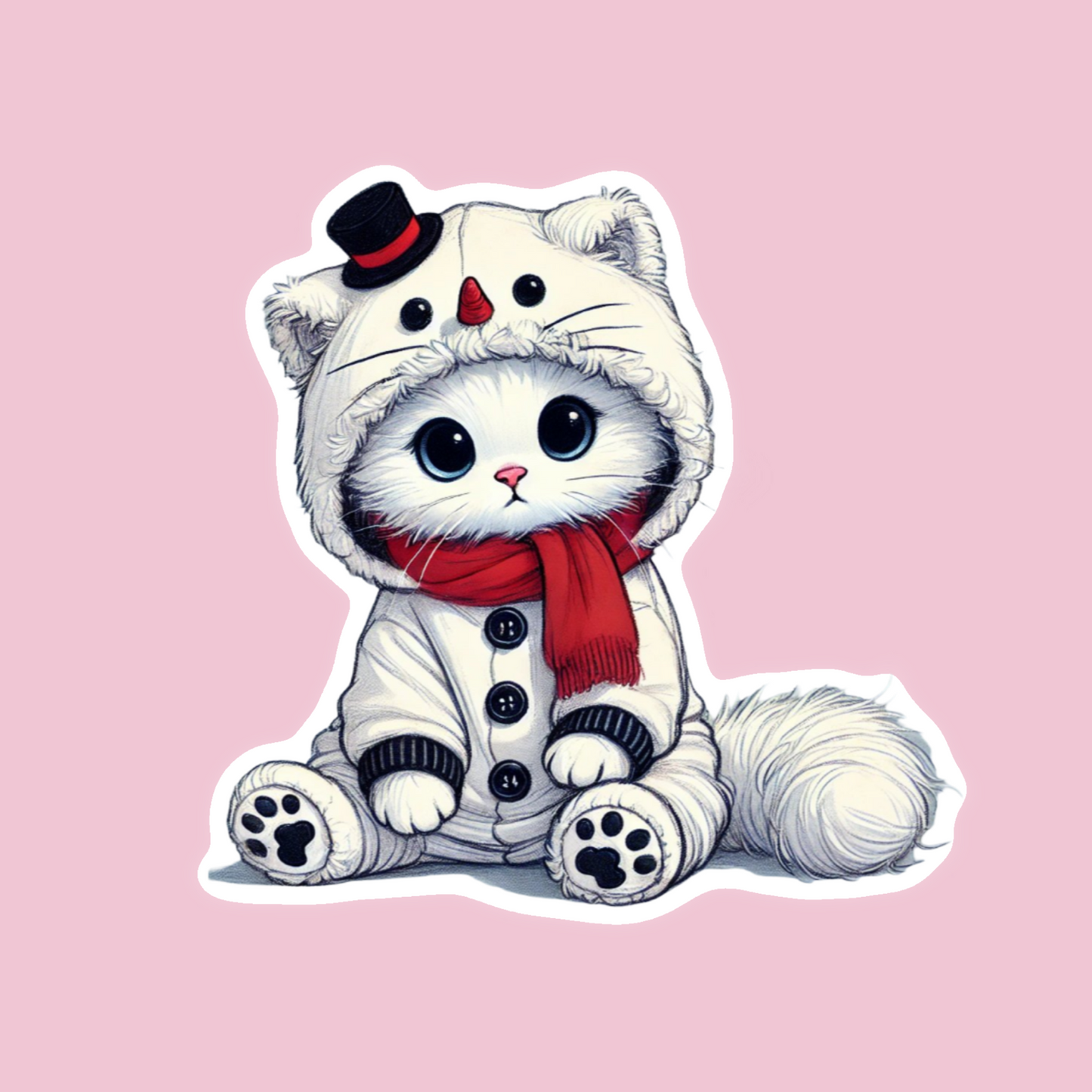 Autocollant Chaton Bonhomme de Neige - Noël
