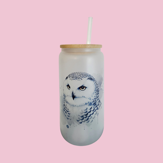 Watercolor Snow Owl Frosted Glass Tumbler