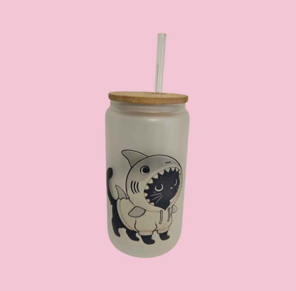 Shark Kitty Frosted Glass Tumbler