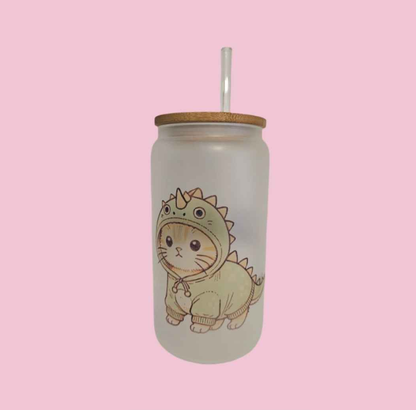 Dino Kitty Frosted Glass Tumbler
