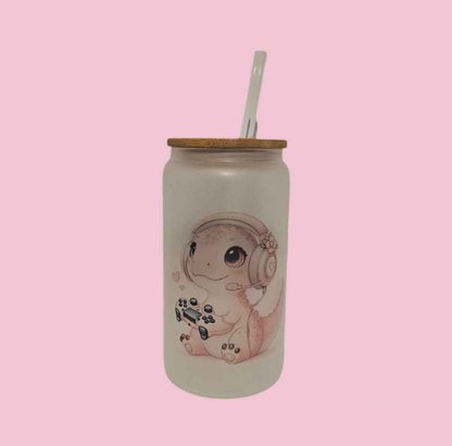 Gamer Girl Dino - Player 1 Frosted Glass Tumbler